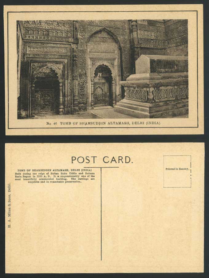 India Old Postcard Tomb of Shamsuddin Altamash DELHI Built 1215 A.D. Ruku Uddin