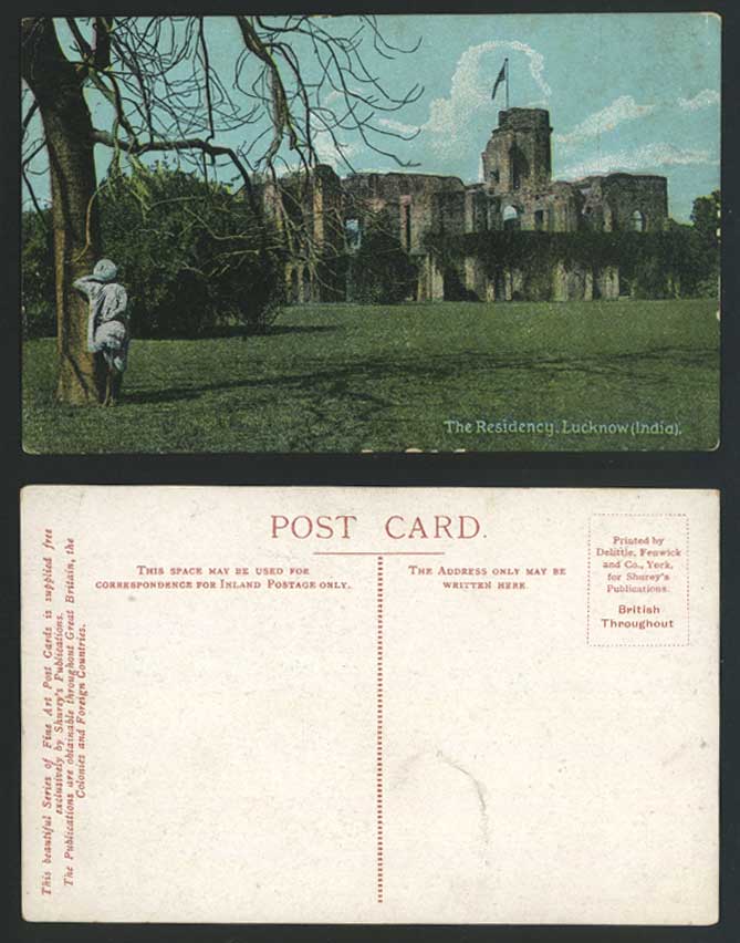 India Old Colour Postcard The Presidency Lucknow Ruins Man Standing Next to Tree