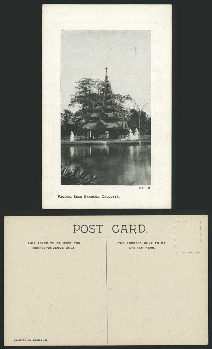 India Old Postcard Burmese Pagoda, Eden Gardens, Calcutta Lake Statues (British)