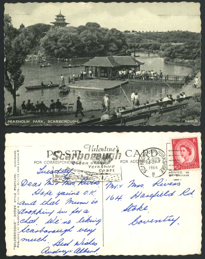 Scarborough 1964 Old Postcard PEASHOLM PARK Pagoda Boats Boating Lake Bridge Yrs