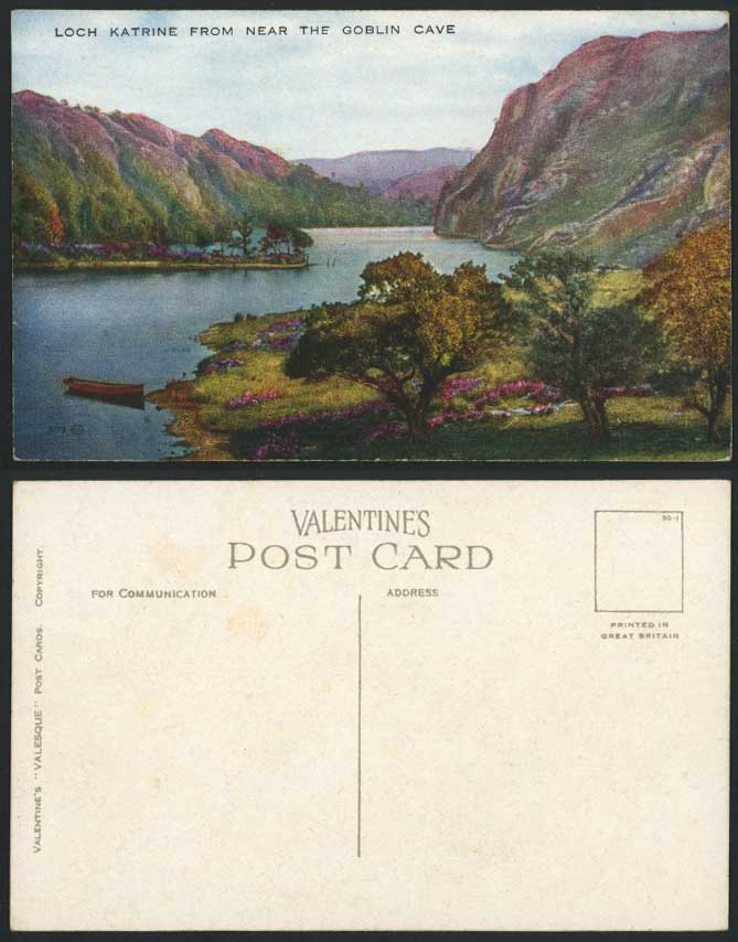 LOCH KATRINE from near The Goblin's Cave Stirlingshire Old Colour Postcard Lake
