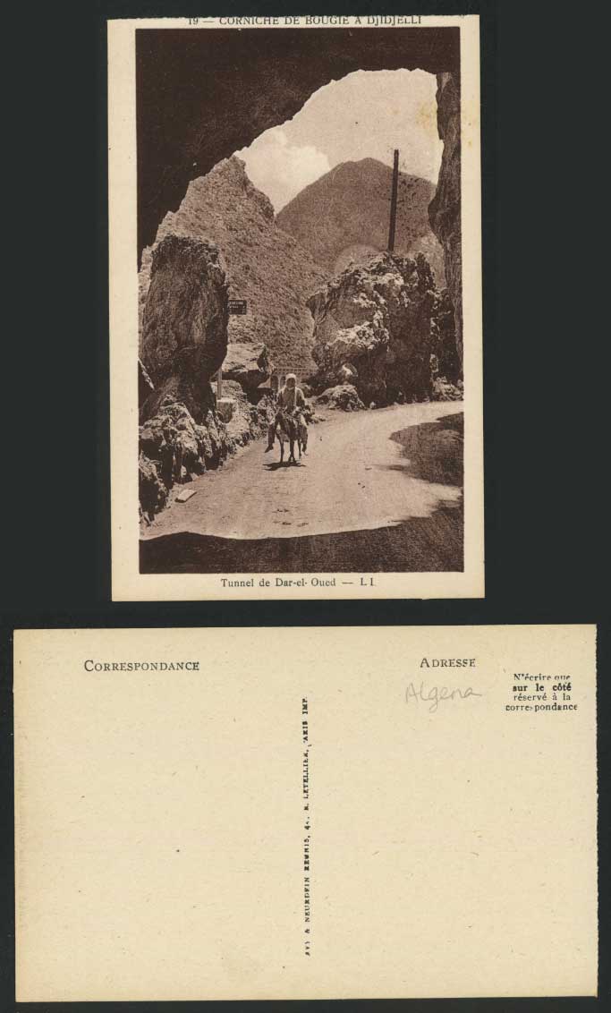 Algeria Old Postcard Tunnel de Dar-el-Oued Corniche de Bougie a Djidjelli Donkey
