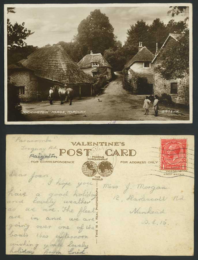 Torquay COCKINGTON FORGE Thatched Cottage Horse Dog 1919 Old Real Photo Postcard