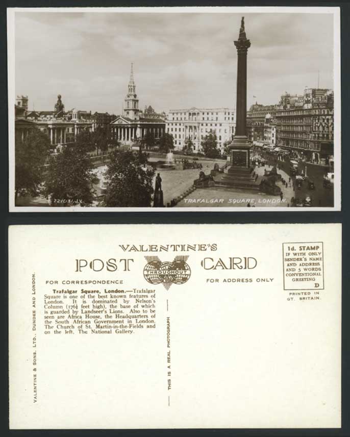 London Old RP Postcard TRAFALGAR SQUARE St. Martin-in-the-Fields Church Fountain