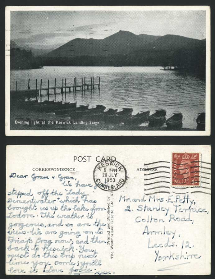 Keswick Evening Light at Keswick Landing Stage Lake Boats 1953 Old Postcard Mts.