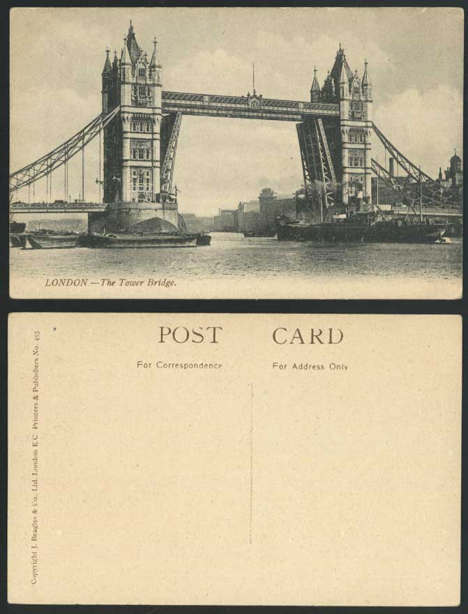 London Old Postcard TOWER BRIDGE OPEN Steam Steam Ship Passing Thames River