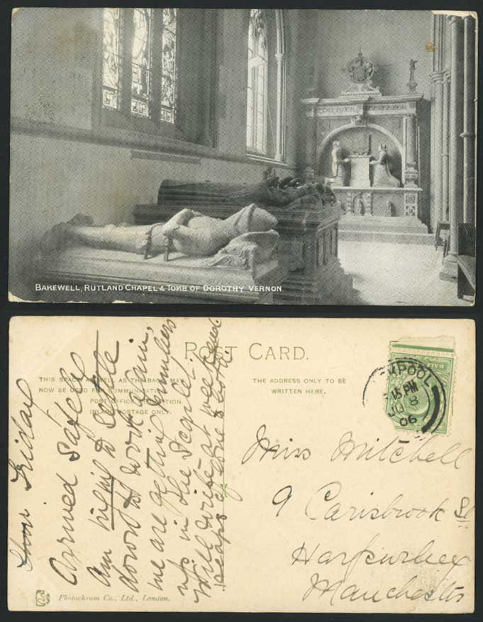 BAKEWELL Rutland Chapel Tomb of Dorothy Vernon 1906 Old Postcard Church Interior