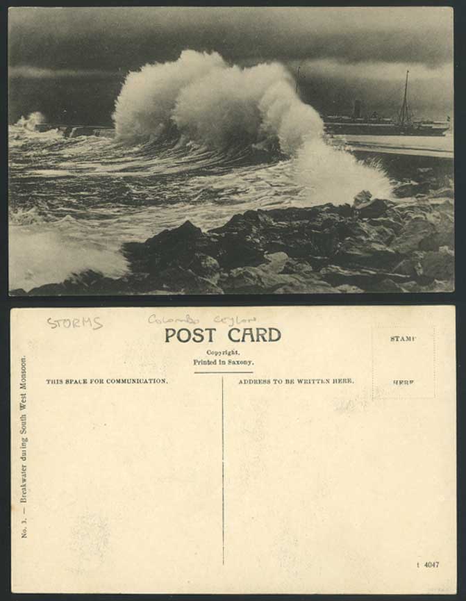 Ceylon Old Postcard Breakwater During South West Monsoon Waves Rough Sea Steamer