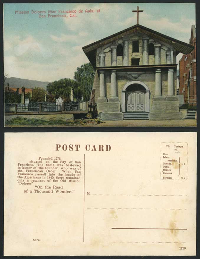 Mission Dolores San Francisco de Asis Founded 1776 California Cross Old Postcard