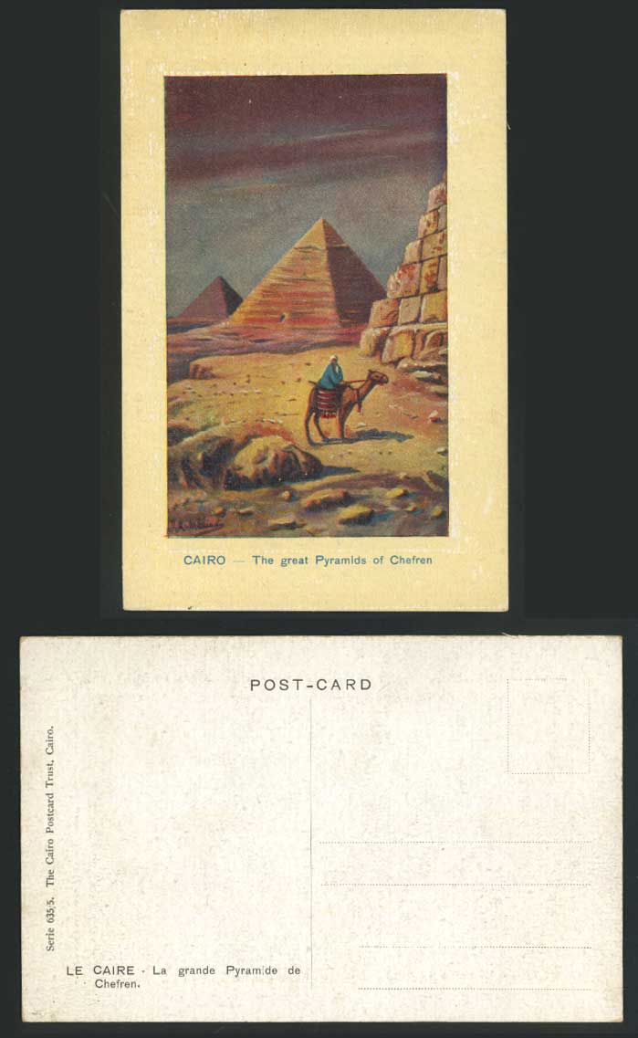 Egypt Artist Signed JA Old Postcard Cairo Great Pyramids of Chefren Camel Riders