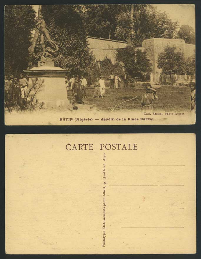 Algeria Old Postcard SETIF Jardin de la Place Barral, Statue Garden Boys & Girls