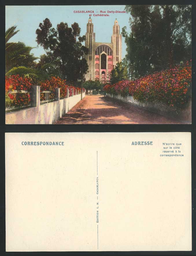 Morocco Casablanca Old Postcard Rue Defly-Dieude et Cathedrale, Street Cathedral