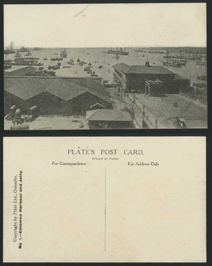 Ceylon Old Postcard Colombo Harbour & Jetty Pier Steam Ships Boats Bullock Carts