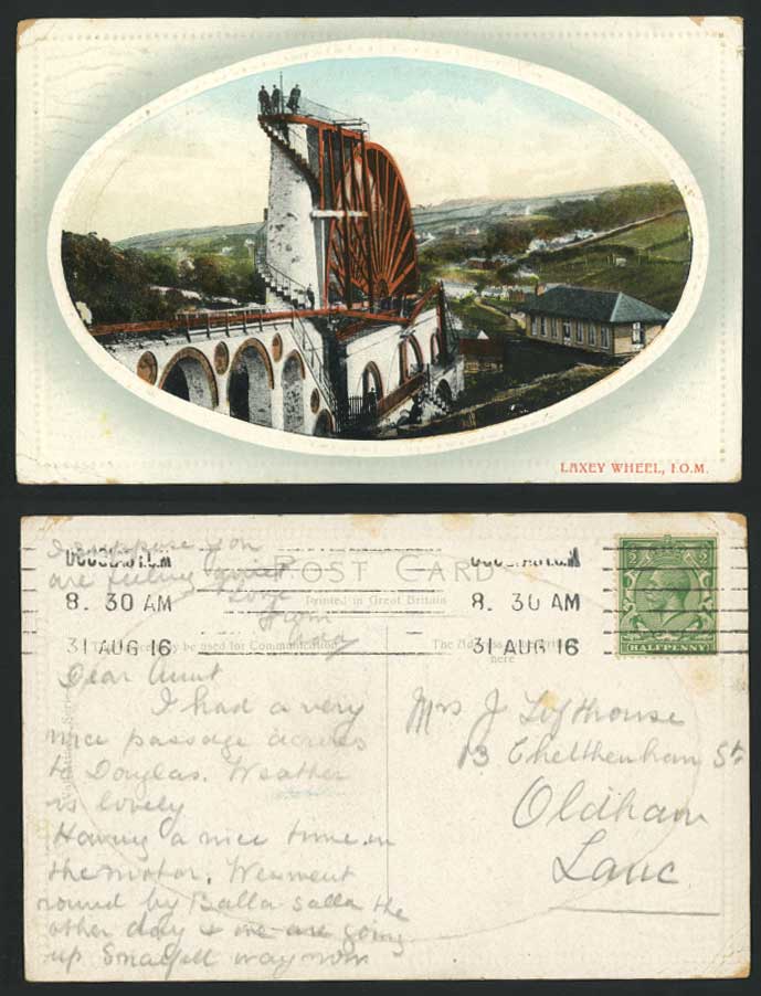 Isle of Man 1916 Old Embossed Colour Postcard GREAT WHEEL LAXEY GLEN Water Wheel