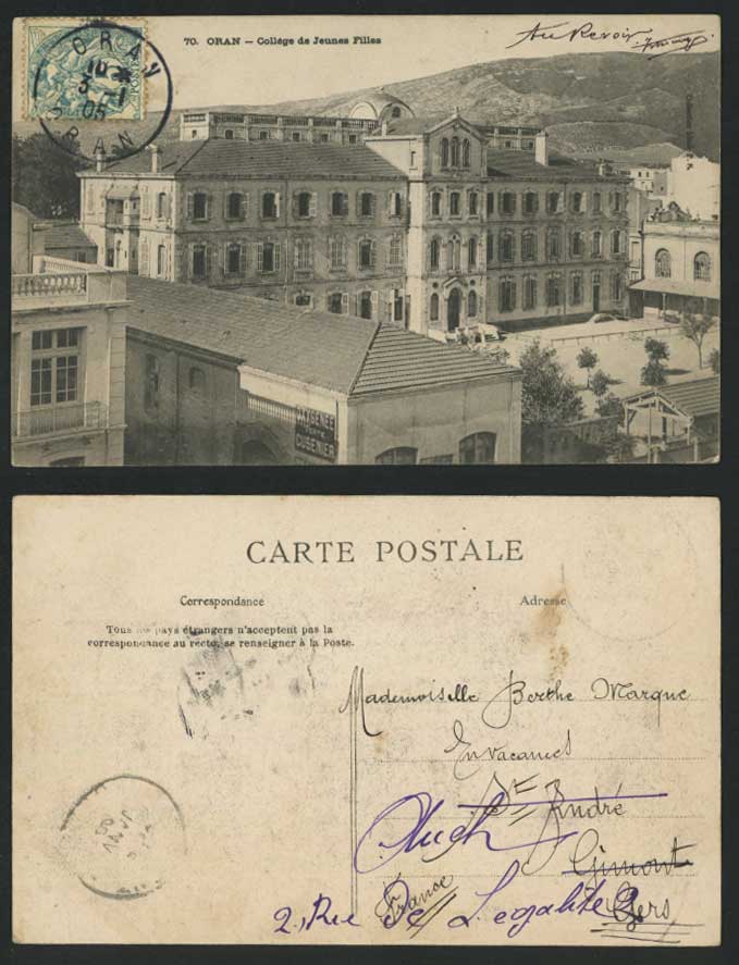 Algeria 1905 Old Postcard ORAN College de Jeunes Filles Girls School Oxygenee vC