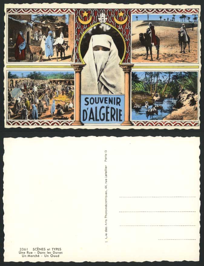 Algeria Old Postcard Camels Desert Market Street Native Veiled Woman Oasis River