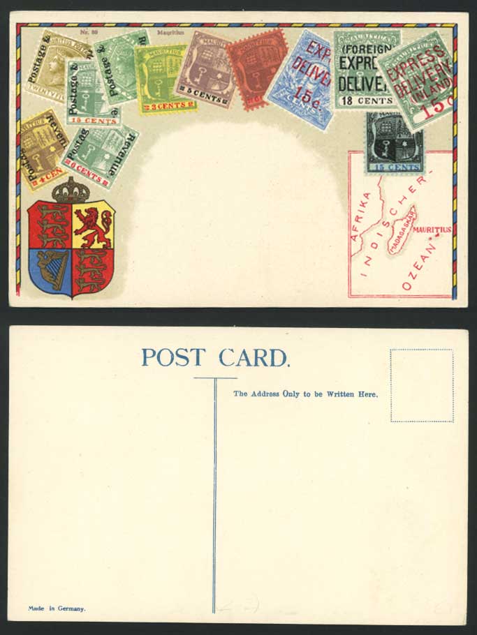 Mauritius MAP Coat of Arms Vintage Stamps on Old Postcard Express Delivery Ovpt.