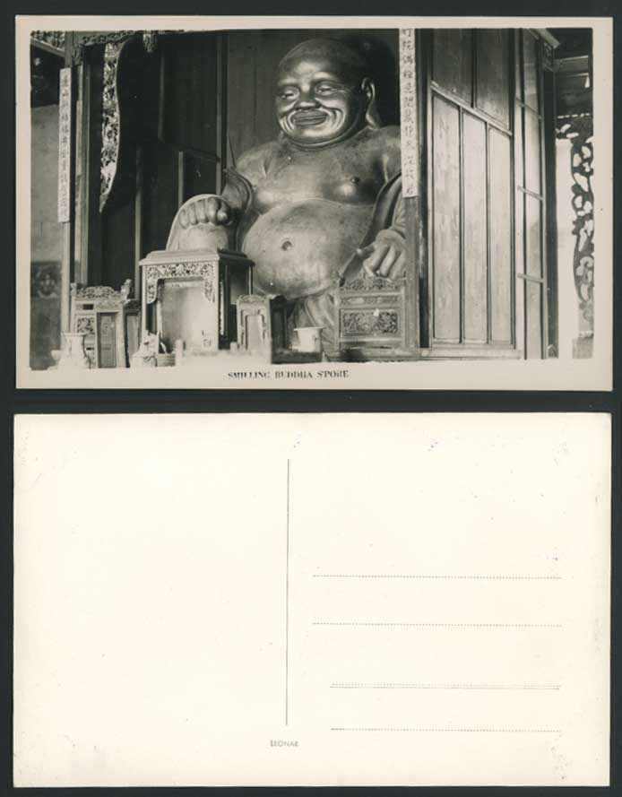 Singapore Old Real Photo Postcard Laughing Smiling Buddha Statue Buddhist Temple