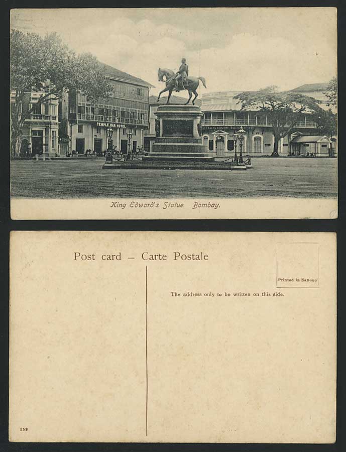 India Old Postcard King Edward's Statue & Temple Bar Hotel Bombay British Indian