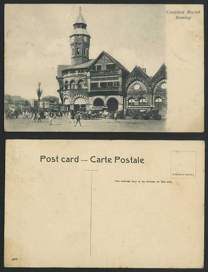 India Old Postcard CRAWFORD MARKET BOMBAY Clock Tower TRAM Coaches Street Scene