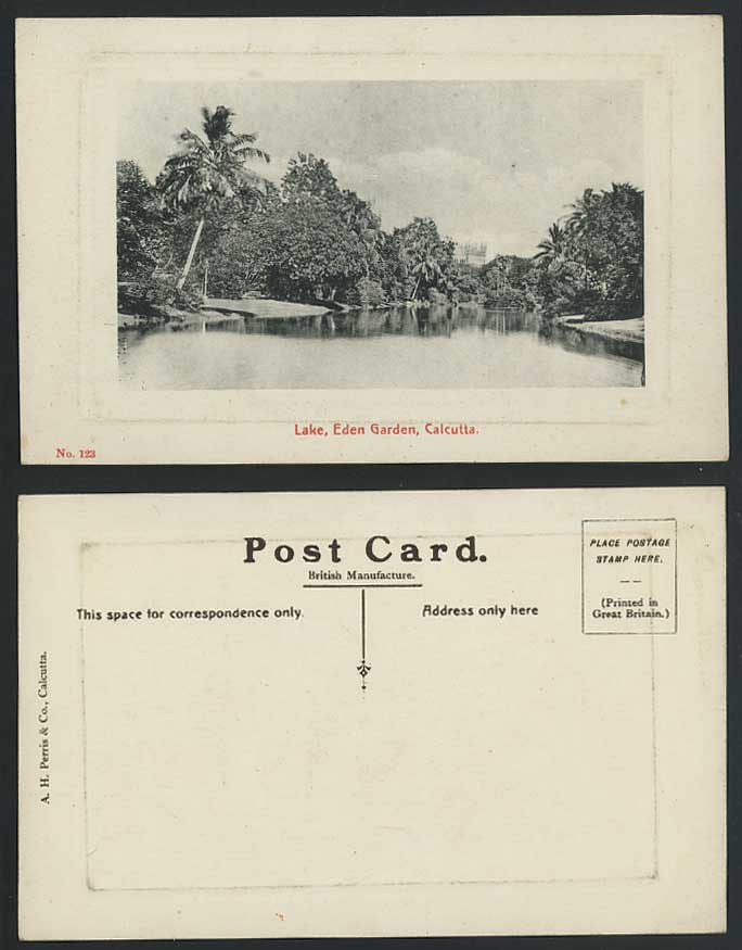 India Old Embossed Postcard Lake, Eden Gardens Calcutta Palm Tree British Indian