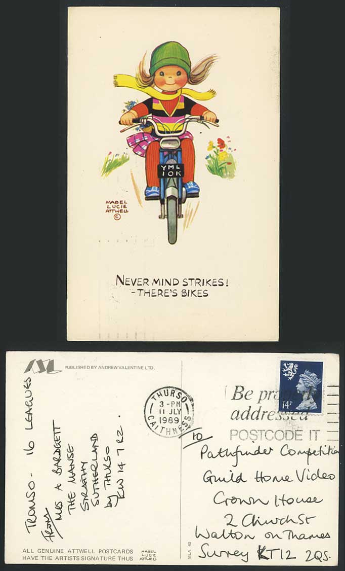 MABEL LUCIE ATTWELL Old Postcard Motorcycle Motorbike, Never Mind Strikes MLA 40