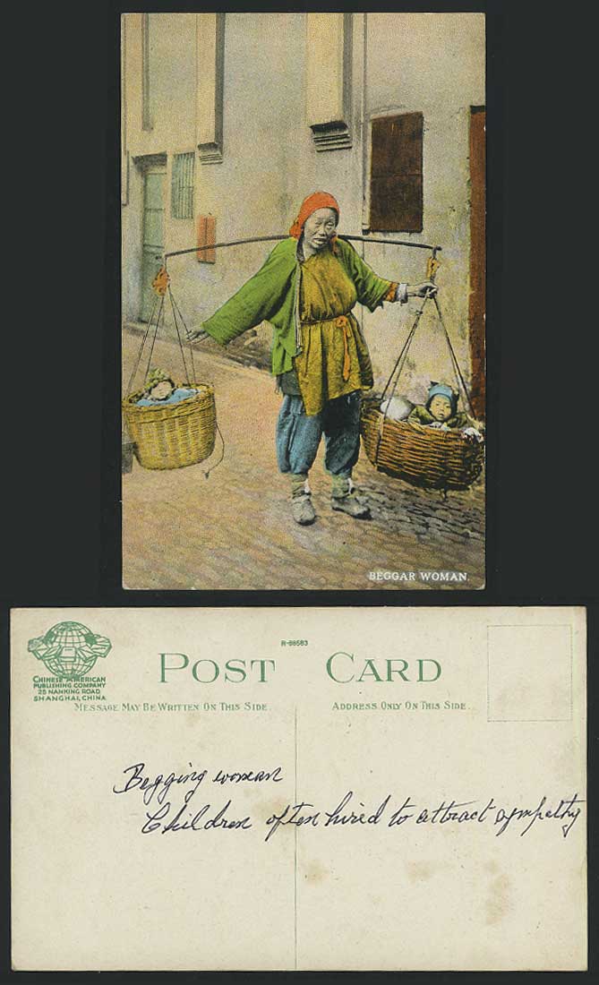 China Old Postcard Chinese Beggar Woman Carrying Babies in Baskets Shoulder Pole
