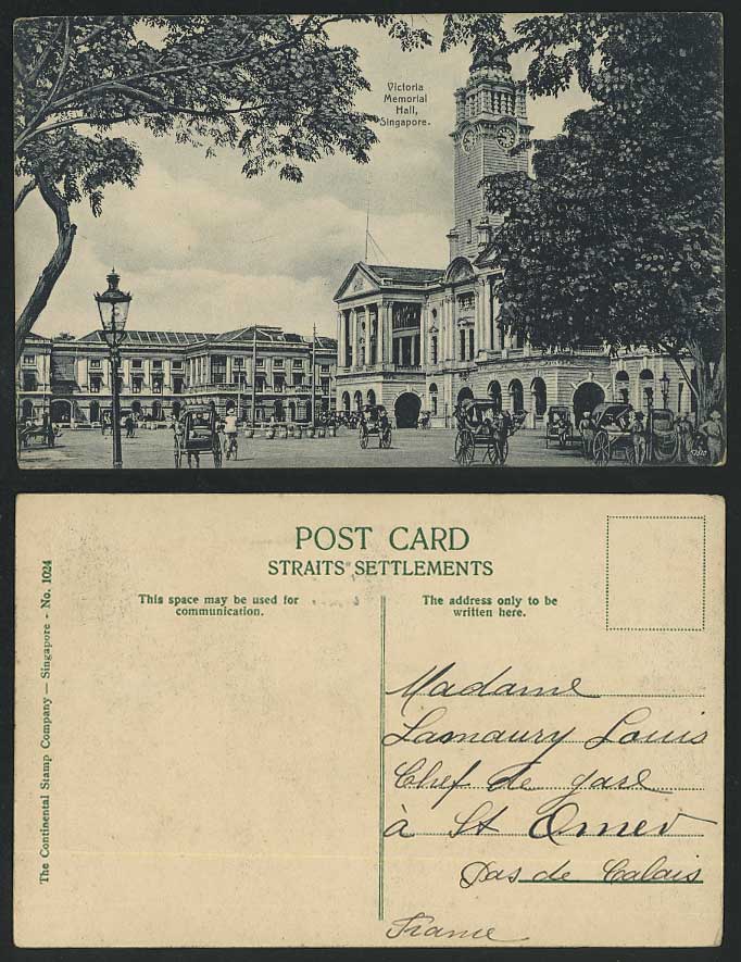 Singapore Old Postcard Victoria Memorial Hall Clock Tower Street Scene Rickshaws