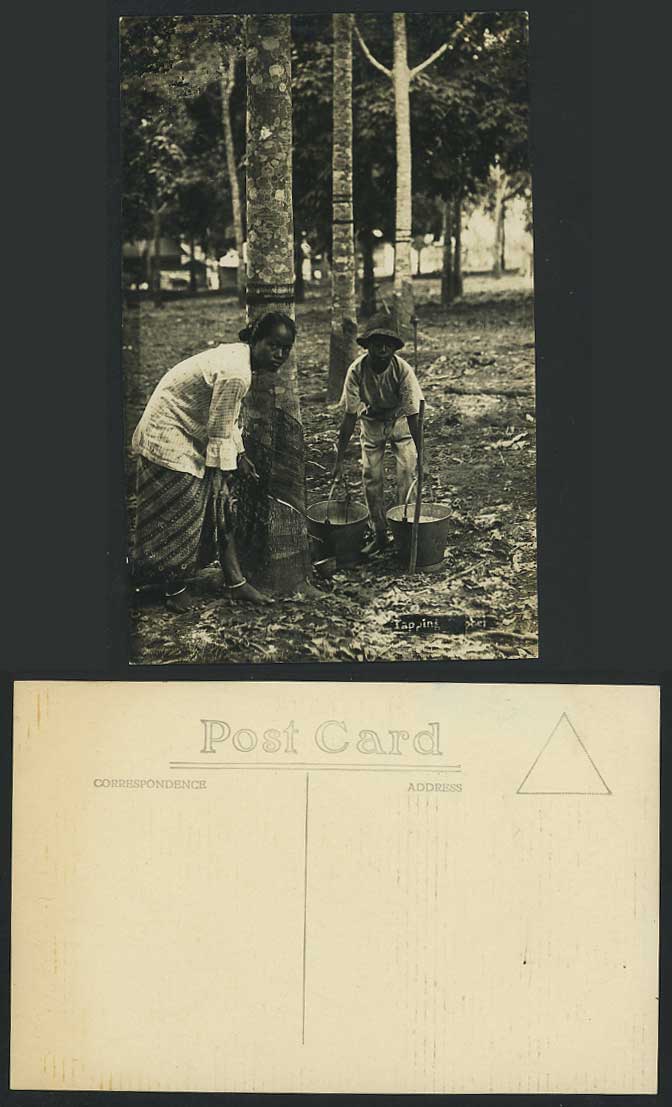 Singapore Old RP Postcard Tapping Rubber Trees Woman Boy Workers, English Method