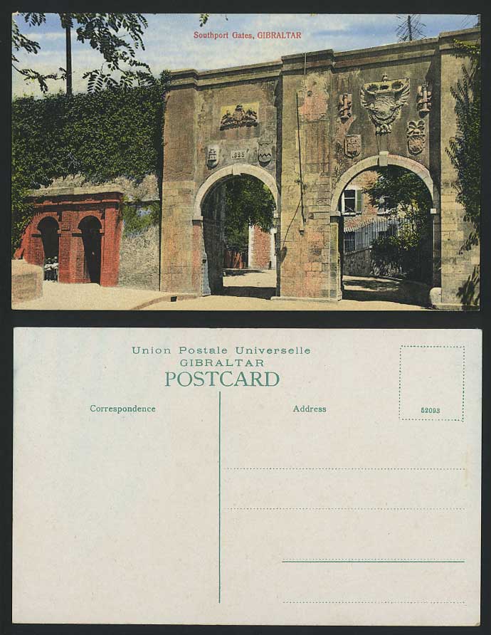 Gibraltar Old Colour Postcard The Southport Gates & Coat of Arms Gate No. 52093
