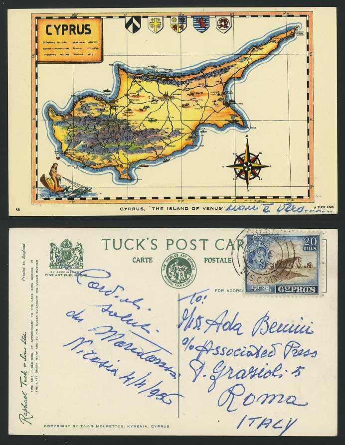 Cyprus MAP The Island of Venus QEII 20m Beach Aphrodite 1956 Old Tuck's Postcard