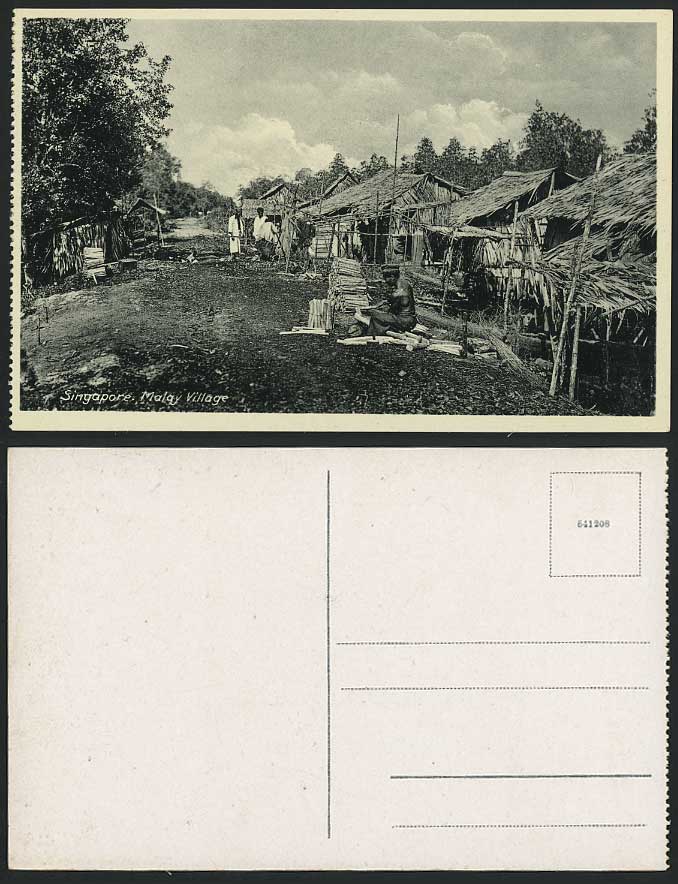 Singapore Old Postcard Malay Village Street Scene House, Native Man Cutting Wood
