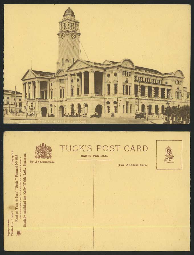 Singapore Old Tuck's Sepia Postcard Town Hall & Victoria Theatre Clock Tower Car