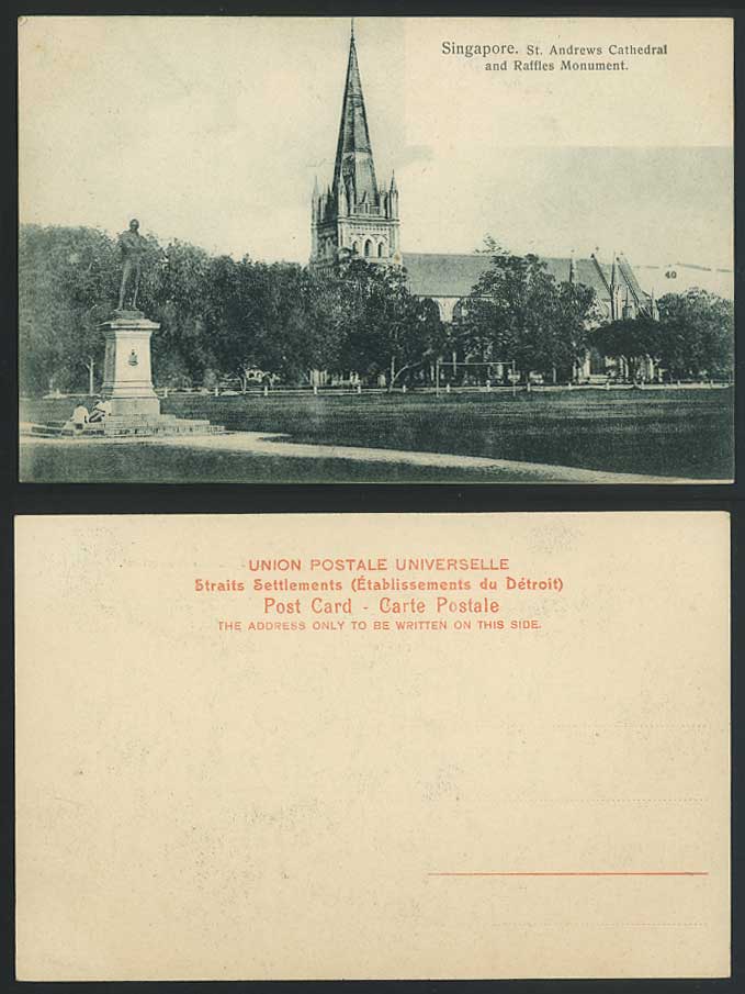Singapore Old Postcard St. Andrews Cathedral & Raffles Monument Memorial Statue