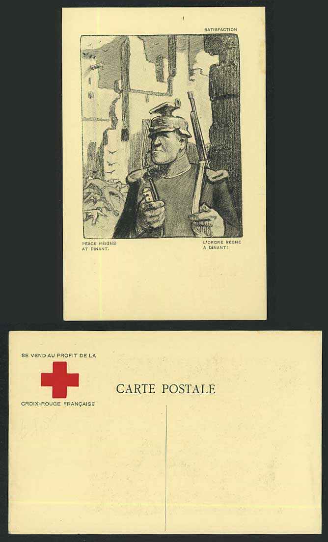 WW1 French Red Cross, Peace at Dinant, Satisfaction Soldier Smoking Old Postcard