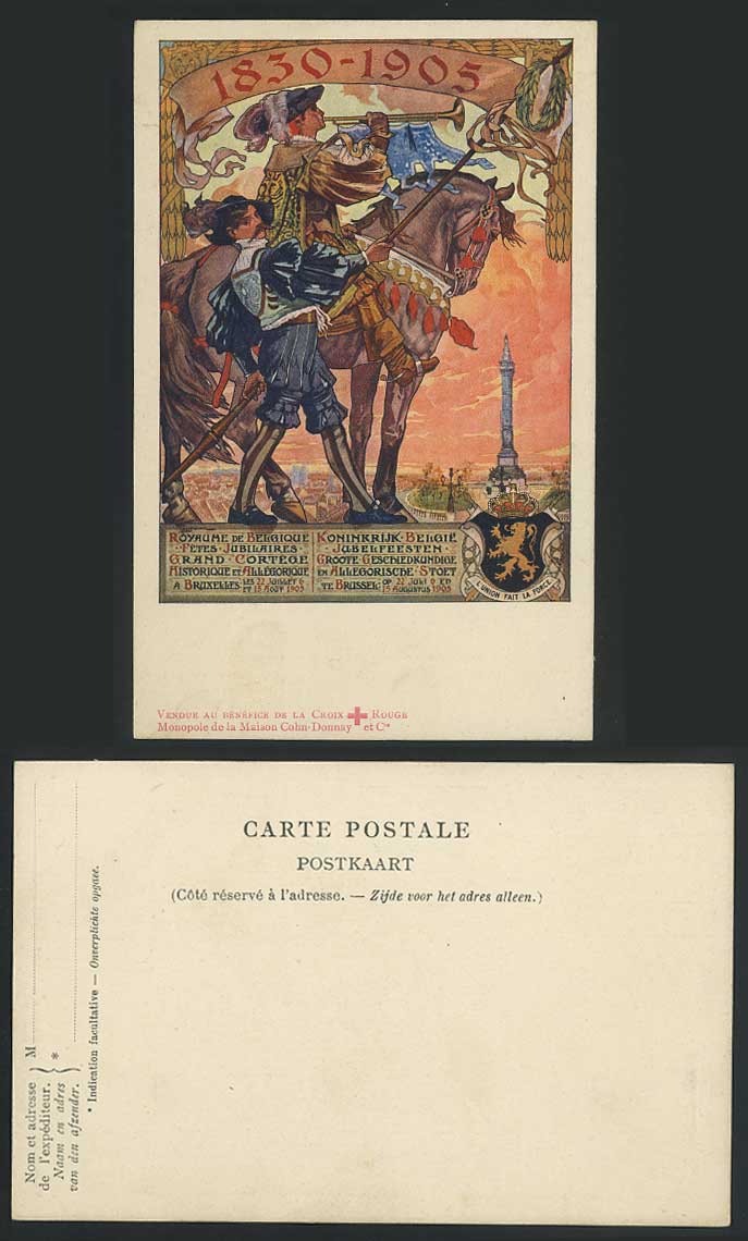 Red Cross Croix Rouge, Horse Rider Trumpet 1830-1905 Old ART UB Postcard Belgium