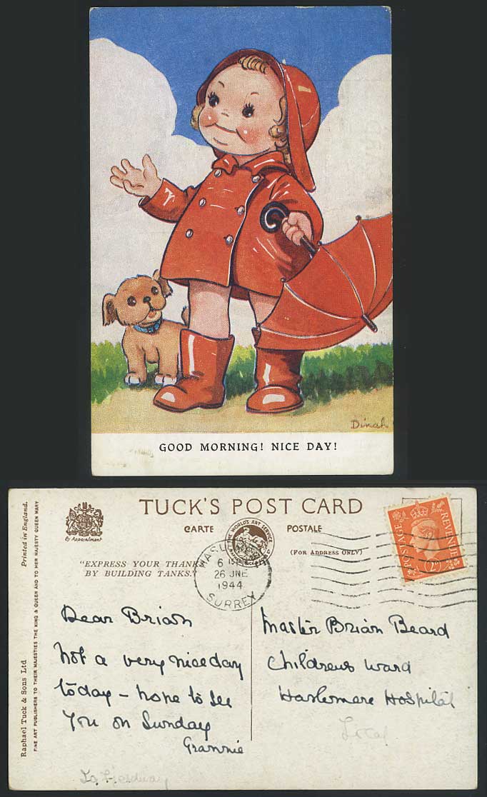DINAH Artist Signed 1944 Old Tuck's Postcard Good Morning Nice Day! Dog Umbrella
