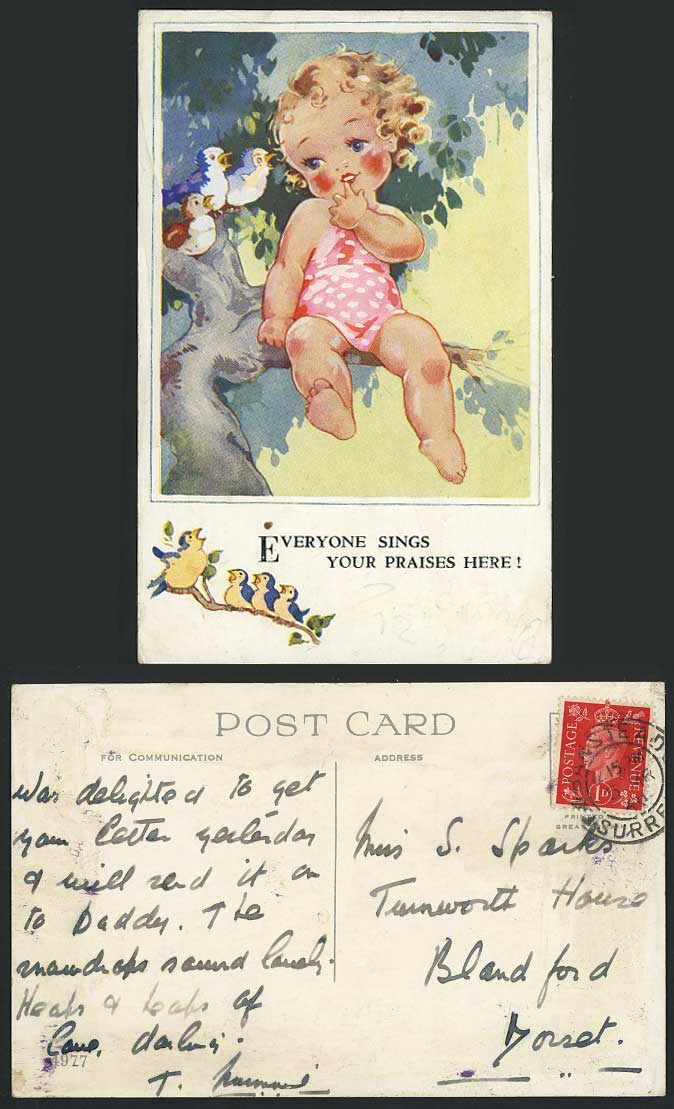 AGNES RICHARDSON 1940 Old Postcard Girl Birds, Everyone Sings Your Praises Here!
