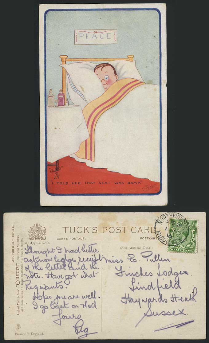J. Parlett 1915 Old Tuck's Oilette Postcard Peace, I Told Her That Seat was Damp
