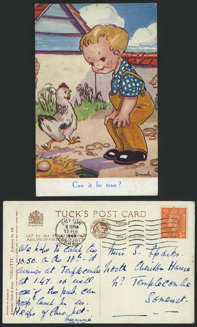 DINAH Artist Signed Can it Be True? Chicken Egg 1944 Old Tuck's Oilette Postcard