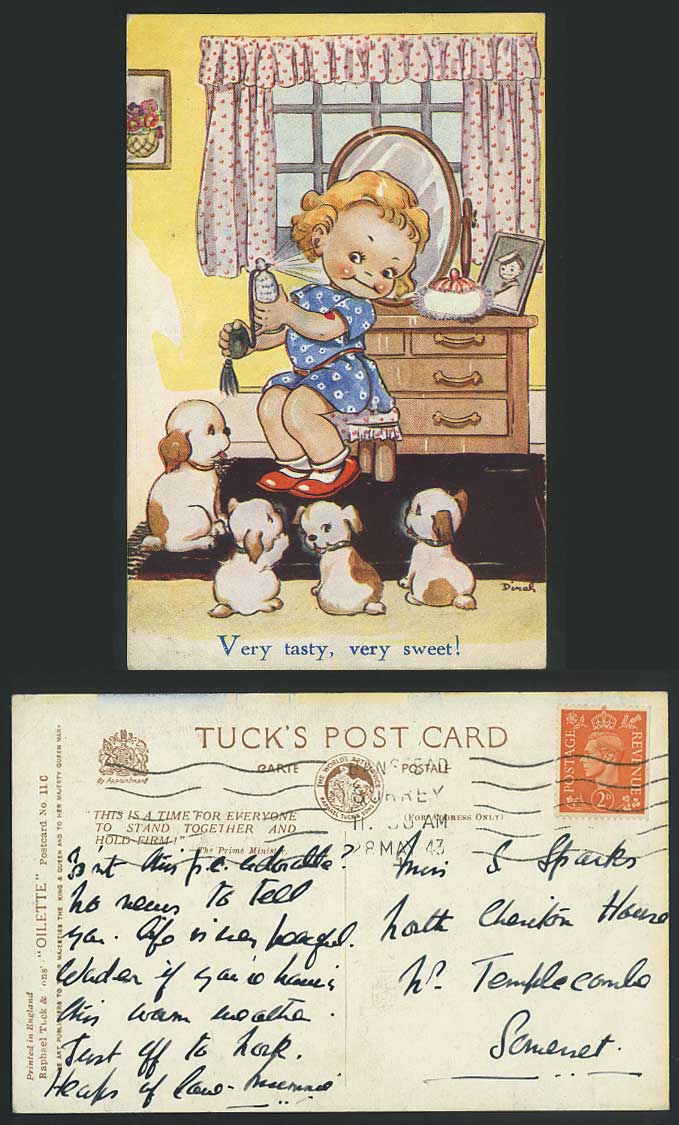 DINAH Artist Signed Very Tasty Very Sweet, Dogs Puppies 1943 Old Tuck's Postcard