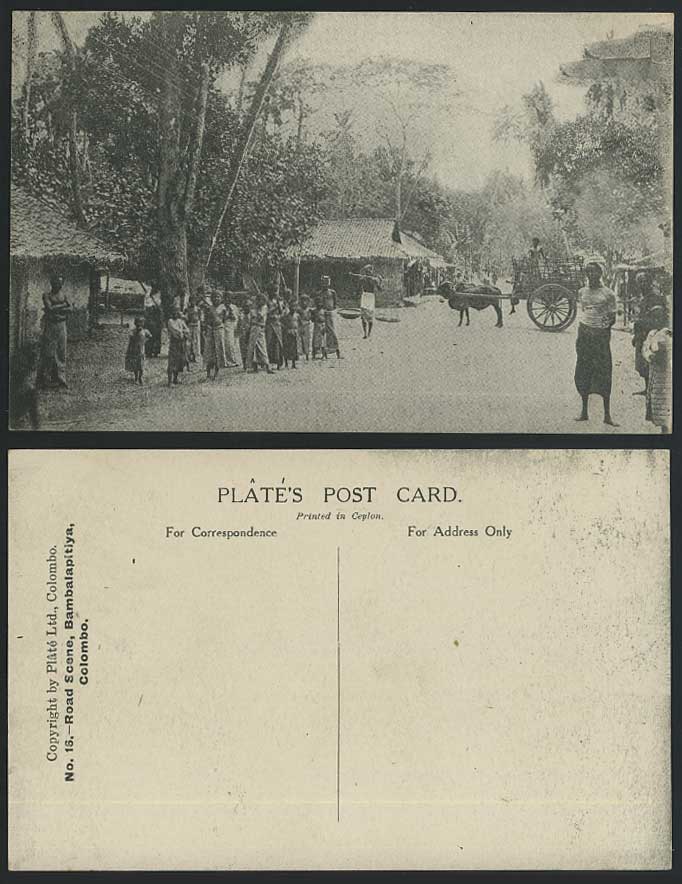 Ceylon Old Postcard Bambalapitiya Road Scene, Cattle Cart, Native Children & Men