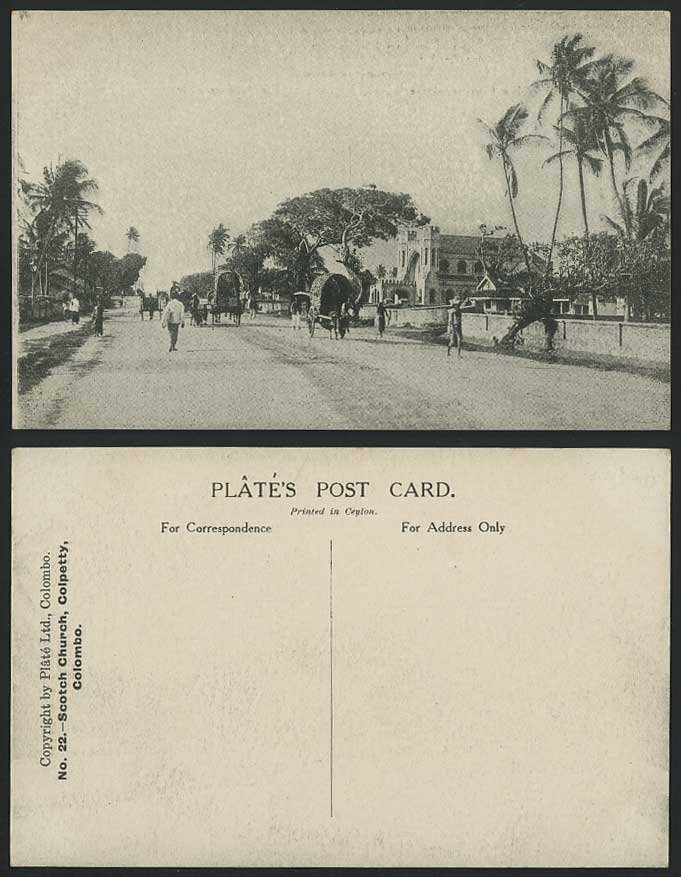 Ceylon Old Postcard Scotch Church, COLPETTY, Colombo Street, Scene Bullock Carts