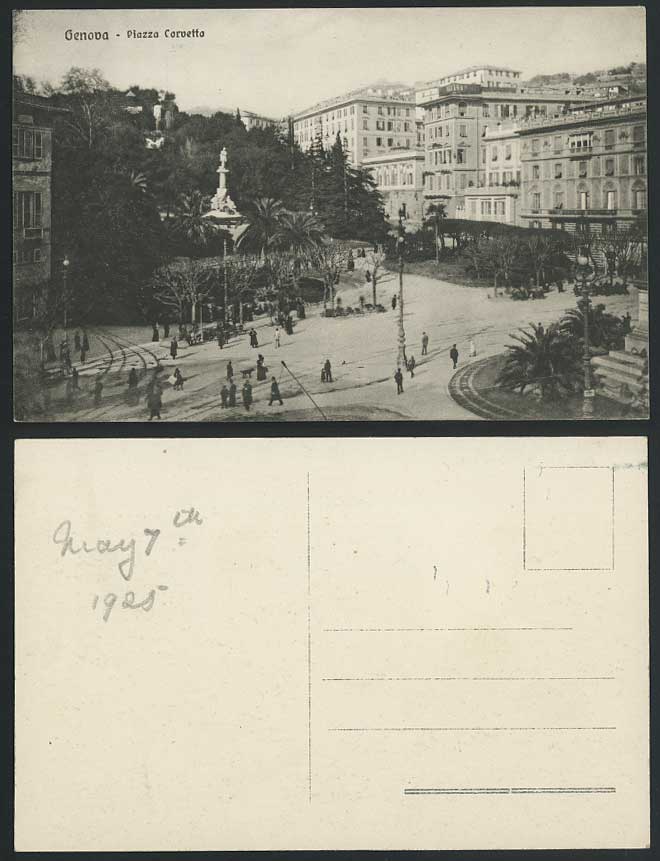 Italy Genova Genoa Piazza Corvetto 1925 Old Postcard Street View Statue Monument
