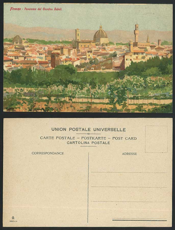 Italy Firenze Panorama dal Giardino Boboli Florence Old Art Drawn Postcard Gdns.