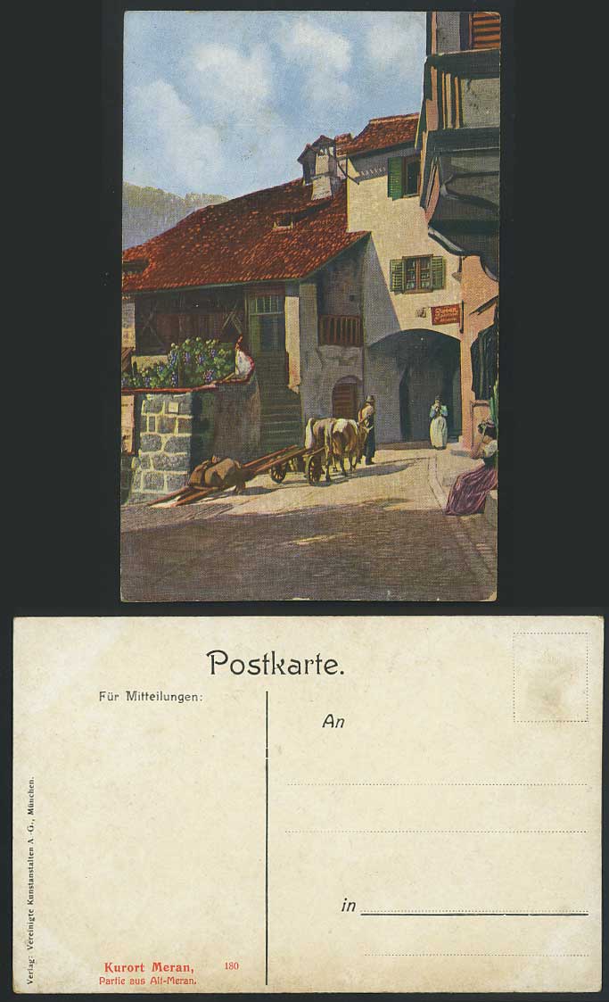 Italy Old Colour Postcard KURORT MERAN Partie aus Alt-Meran, Cattle Cart, Street