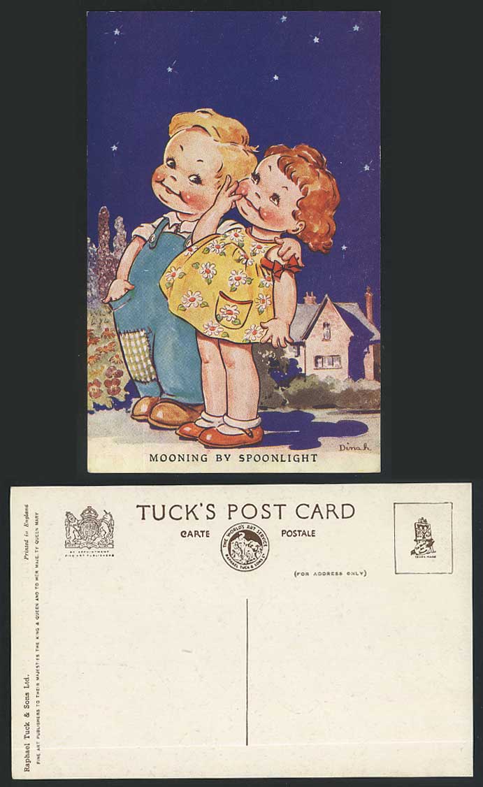 DINAH Artist Signed Old Tuck's Postcard Mooning by Spoonlight, Stars, Boy & Girl