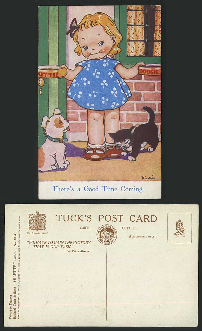 DINAH, Puppy Dog Black Cat Kitten There's A Good Time Coming Old Tuck's Postcard
