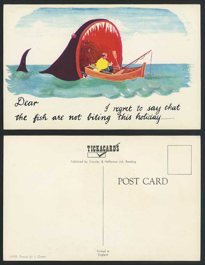 WHALE Comic Fishing Boat c.1950 Old Postcard Fish are not Biting This Holiday