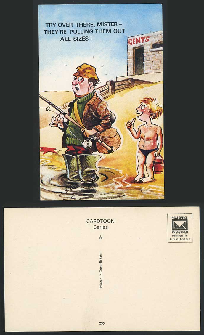 Fishing Angling Comic Old Postcard Try There, They're Pulling Them out All Sizes